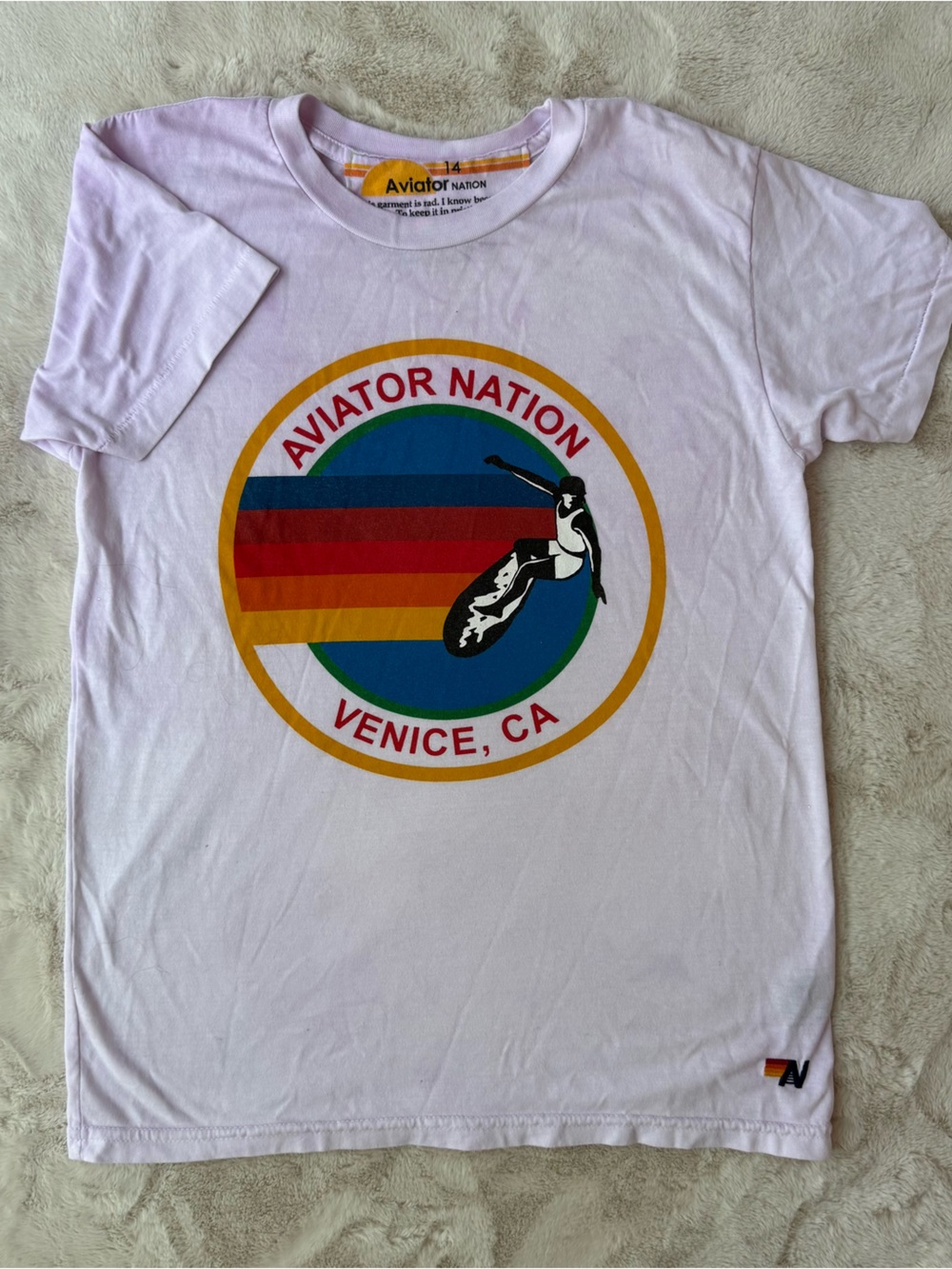 Aviator Nation Lavender/White TieDye Tee with Rainbow Surf Circle Logo